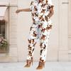 Women Plus Size White Printed Two Piece Set Short Sleeve Top Pocket Pants