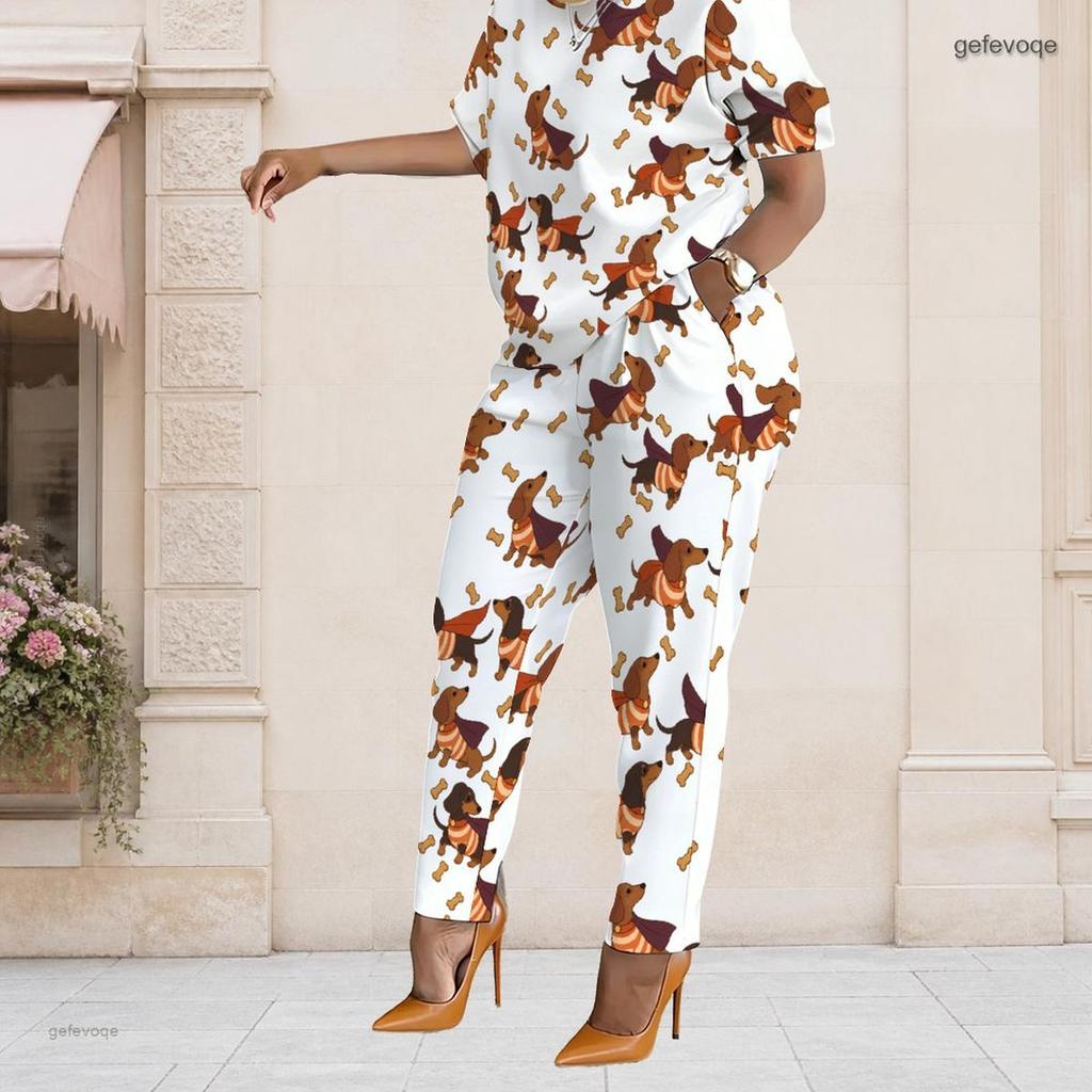 Women Plus Size White Printed Two Piece Set Short Sleeve Top Pocket Pants
