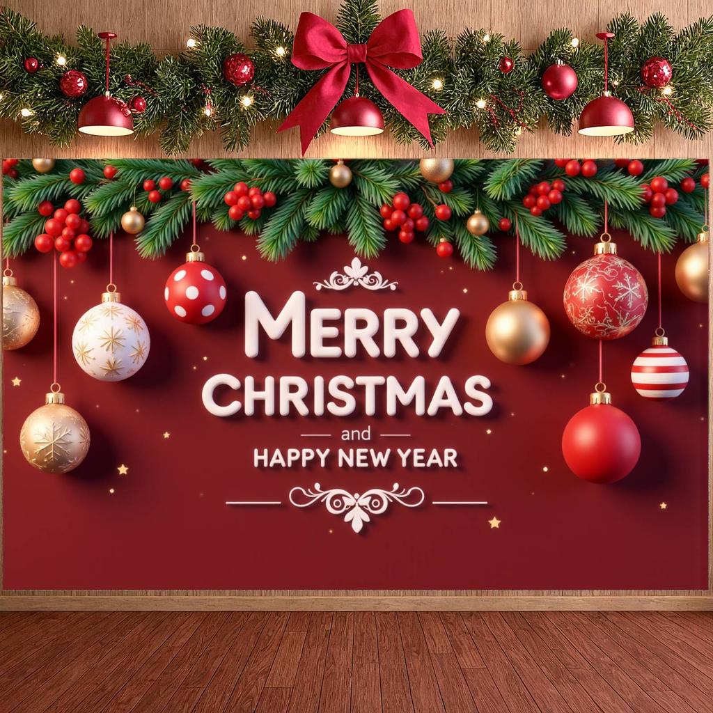 Merry Christmas Banner Gold Accent Holiday Decor Banner Festive Banner Decorative Ball For New Year Celebration New Year's Eve