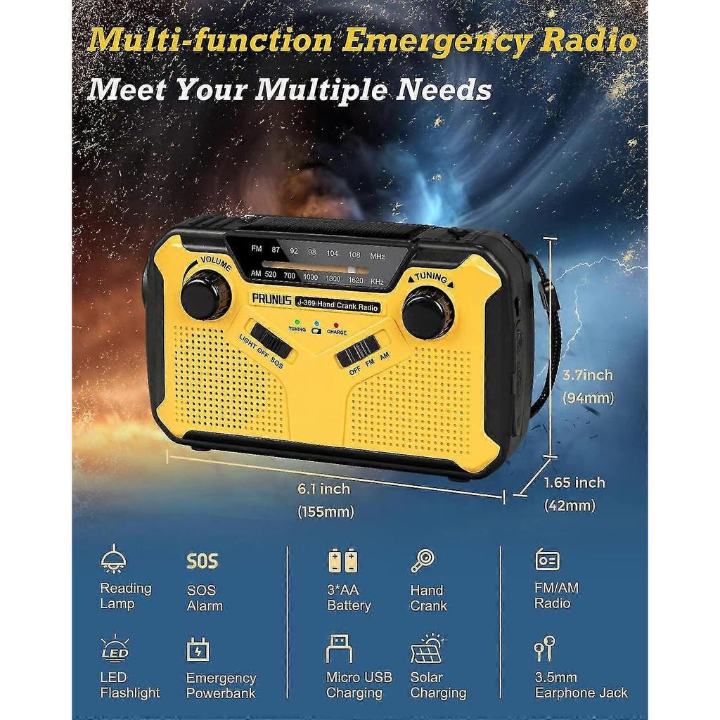 Radio Solare di Emergenza J-369 - Power Bank da 3000mAh, AM/FM, Manovella, Torcia, Lampada da Lettura, Allarme SOS per Sopravvivenza e Outdoor