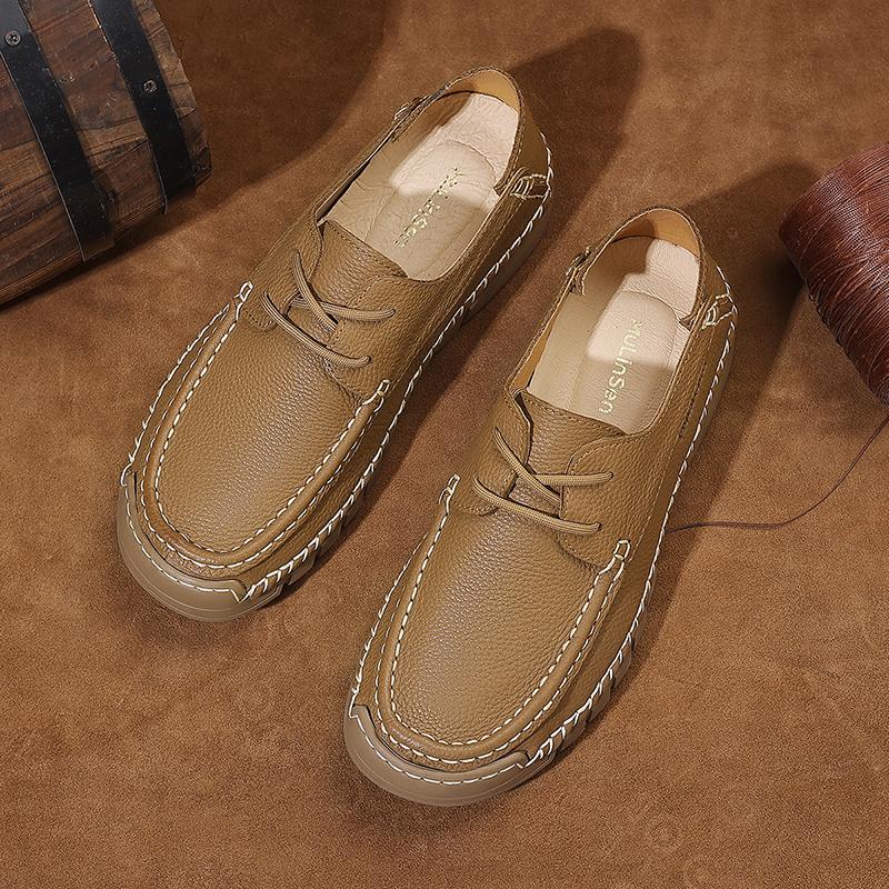 

New Lightweight Top Layer Cowhide Casual Round Toe Flat Heel Men s Bean Shoes 38 хаки