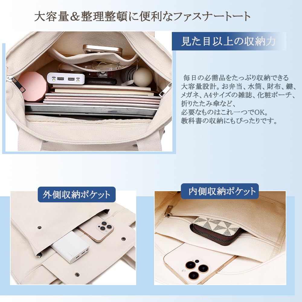 With inner and outer pockets the right Tote bag Canvas Cotton Plain Thick Large capacity Tote bag Overnight trip Canvas tote Eco bag Canvas Shoulder