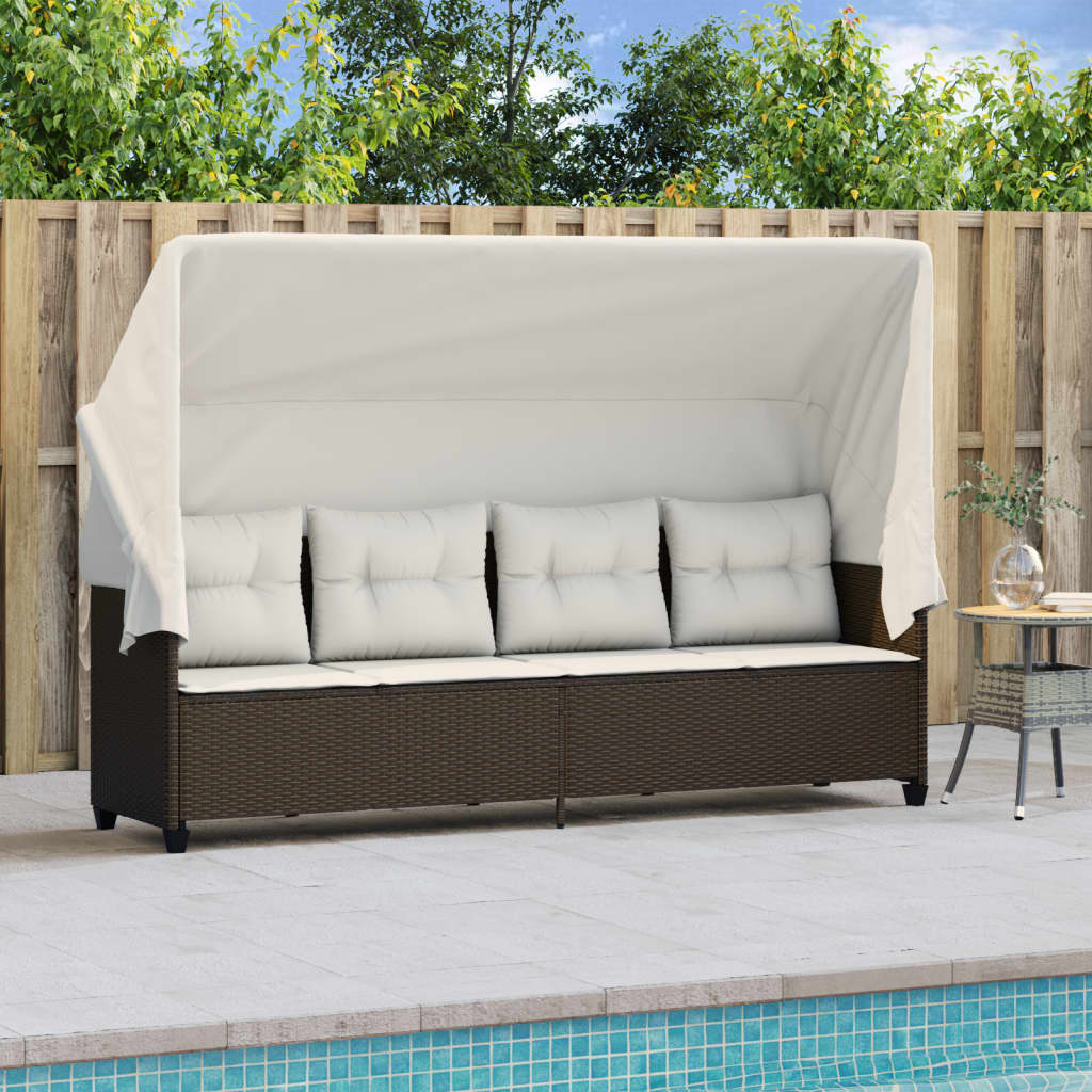 Sun Lounger with Canopy and Cushions Brown PE Rattan