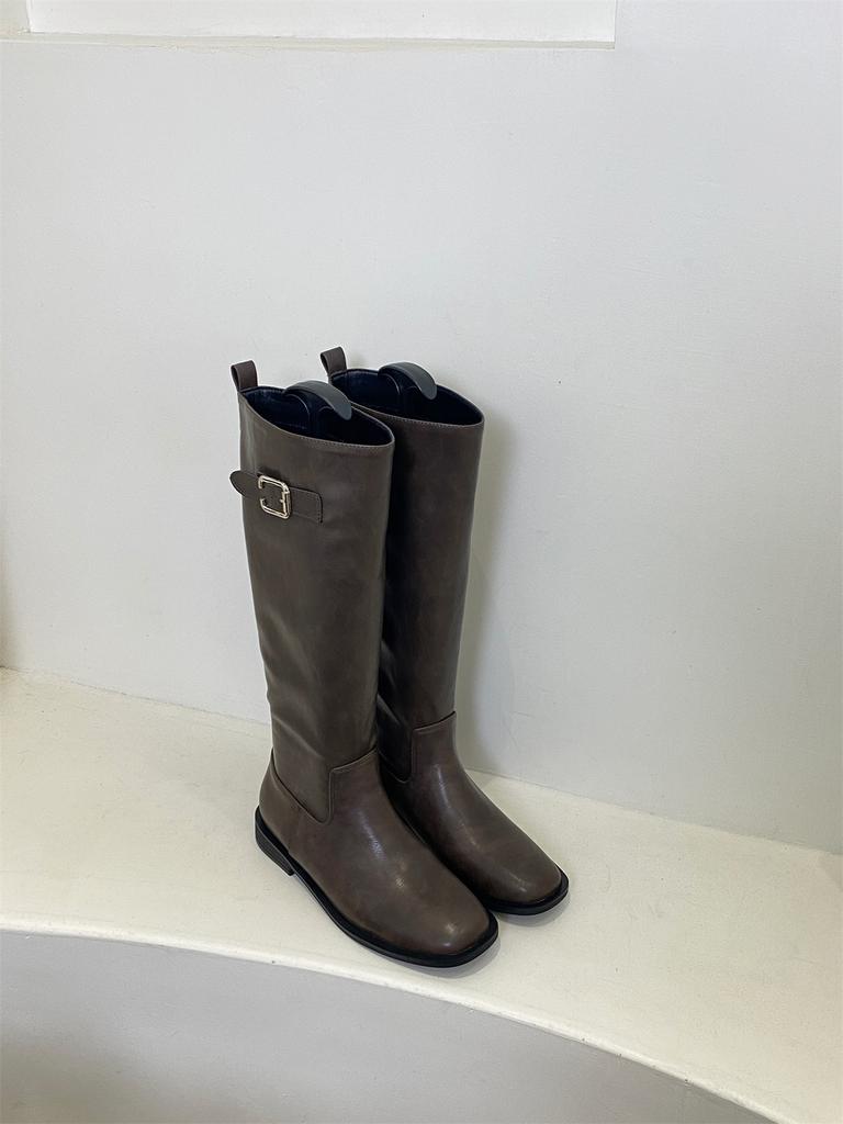 Flat-bottomed Korean Skinny Long Knight Boots Women's Shoes 2025 New Autumn and Winter Black Straight Boots Medium Long Boots