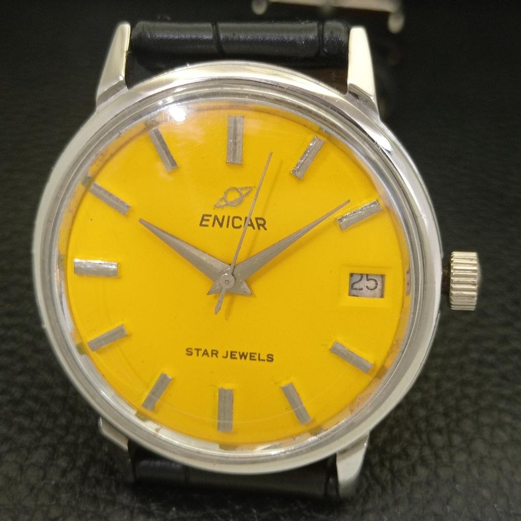 SWISS VINTAGE ENICAR STAR JEWELS HAND-WINDING MENS YELLOW DIAL WATCH a703029-1