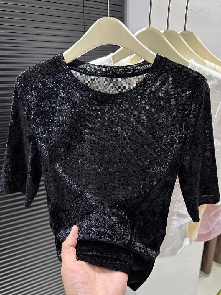 

Женский летний утягивающий топ с коротким рукавом из ледяного шелка с сетчатыми вставками, облегающий, с круглым вырезом, внутренний слой XXS чёрный