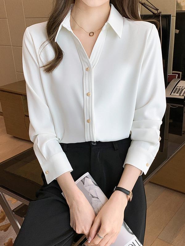 2026 Spring Women's Satin Long Sleeve Shirt with Metal Buckle – Elegant, Slimming Chiffon Design