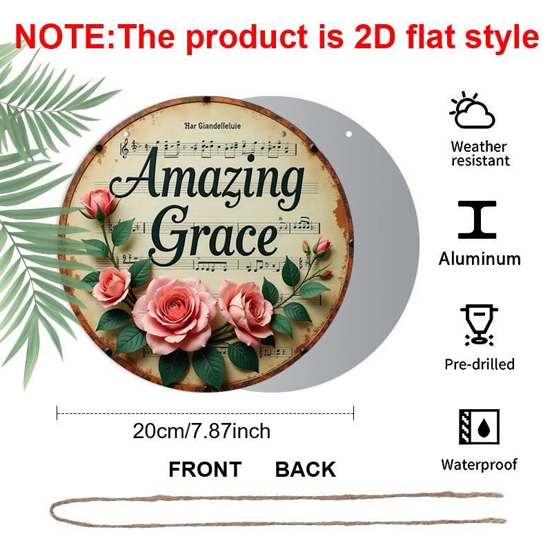 2D Flach, 1 Stück Rundes Aluminium-Hängeschild, „Amazing Grace“ Notenblatt & Rosa Rosen Design, Vintage Christliches Hymnen Metallschild, Perfekt für