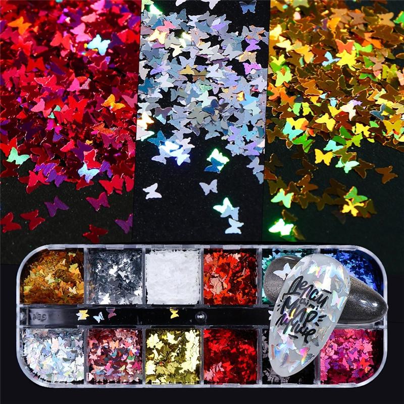 1 Box Nail Decoration Sequins Nail Jewelry 12 Grid Laser Symphony Butterfly Sequin DIY Nail Accessories