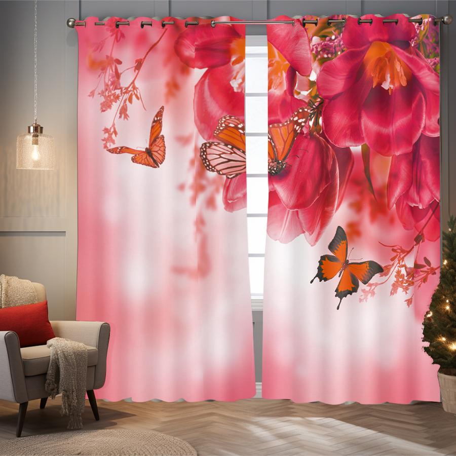 2 pieces of butterfly flower pattern printed curtains for natural scenery decoration, bedroom, living room