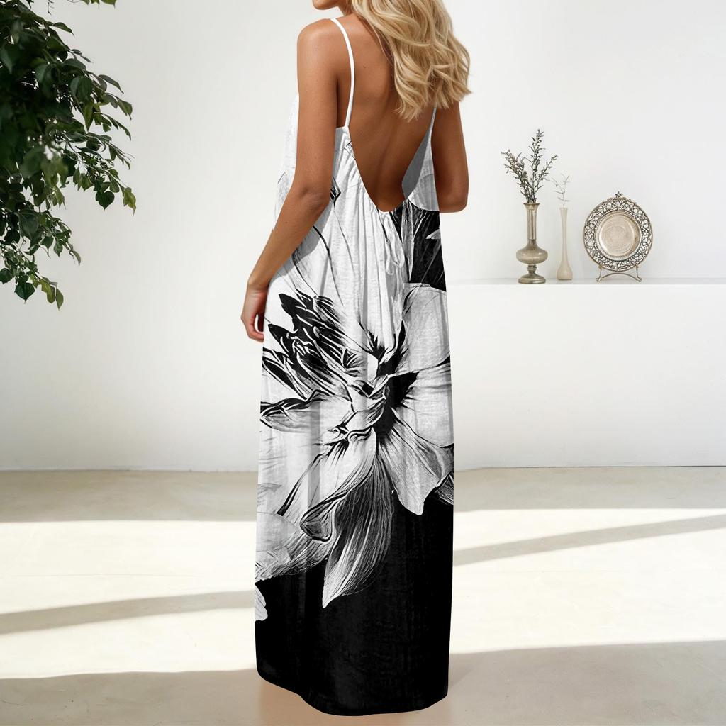Women's Fashion Backless Spaghetti Strap Casual Loose Floral Print Dress