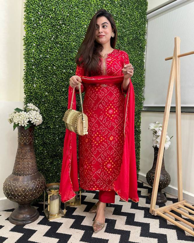 Bollywood Red Kurti Women Cotton Rayon Top Tunic Kurta Pant Dupatta Set Dress