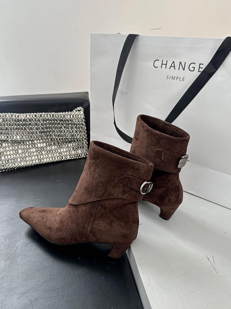 Braune kurze Stiefel Damen dicker Absatz hinten eckige Spitze 2025 neu Herbst und Winter europäisch und amerikanisch hinten Metallschnalle Wildleder dünne Stiefel