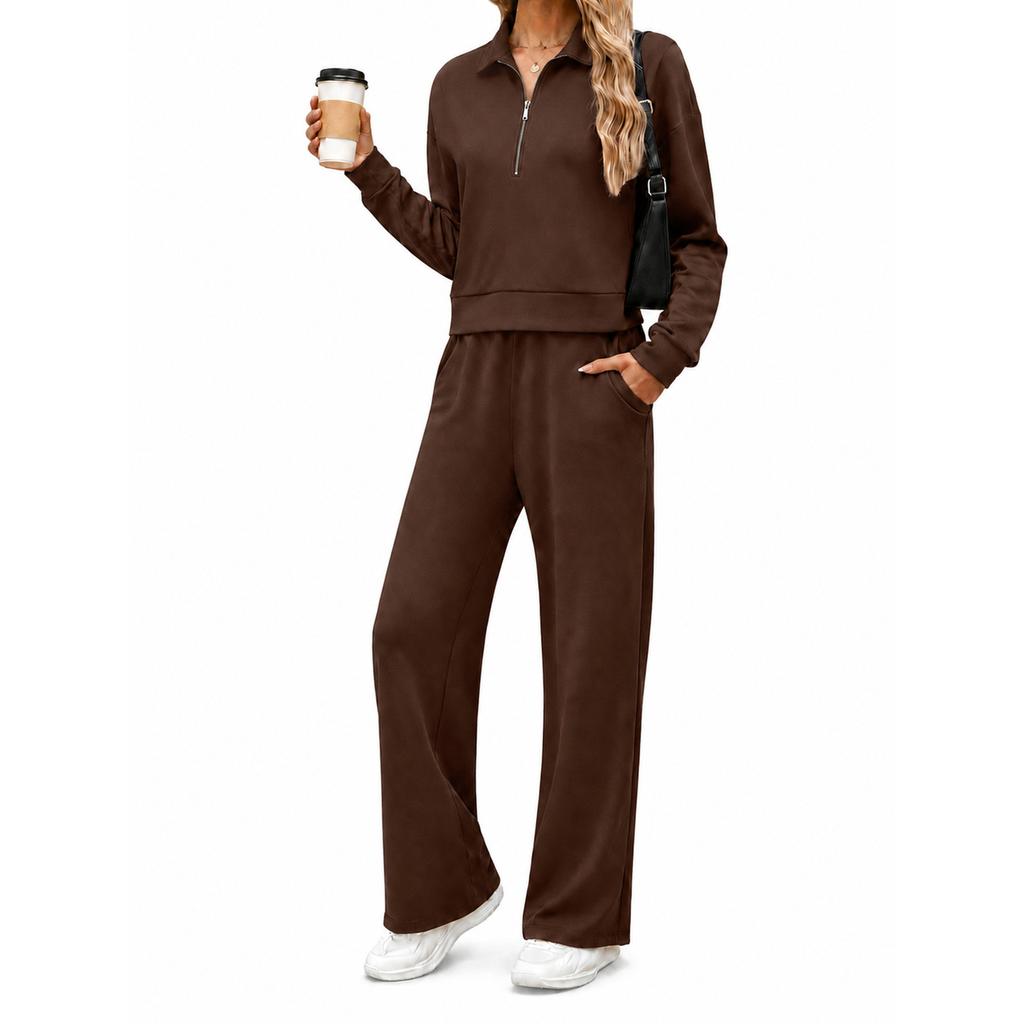 Women's Casual Half Zip Hoodie with Collar and Wide Leg Pants Set