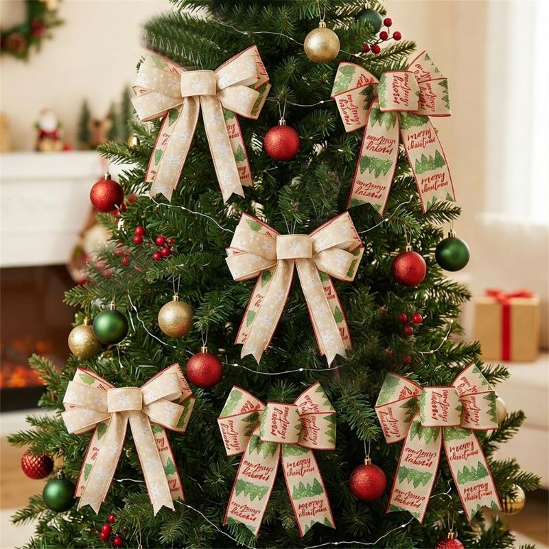 Double Layer Christmas Ribbon Accent Set of 2, Fabric Hanging Pieces for Tree Entry Wall Wreath and Gift Finish