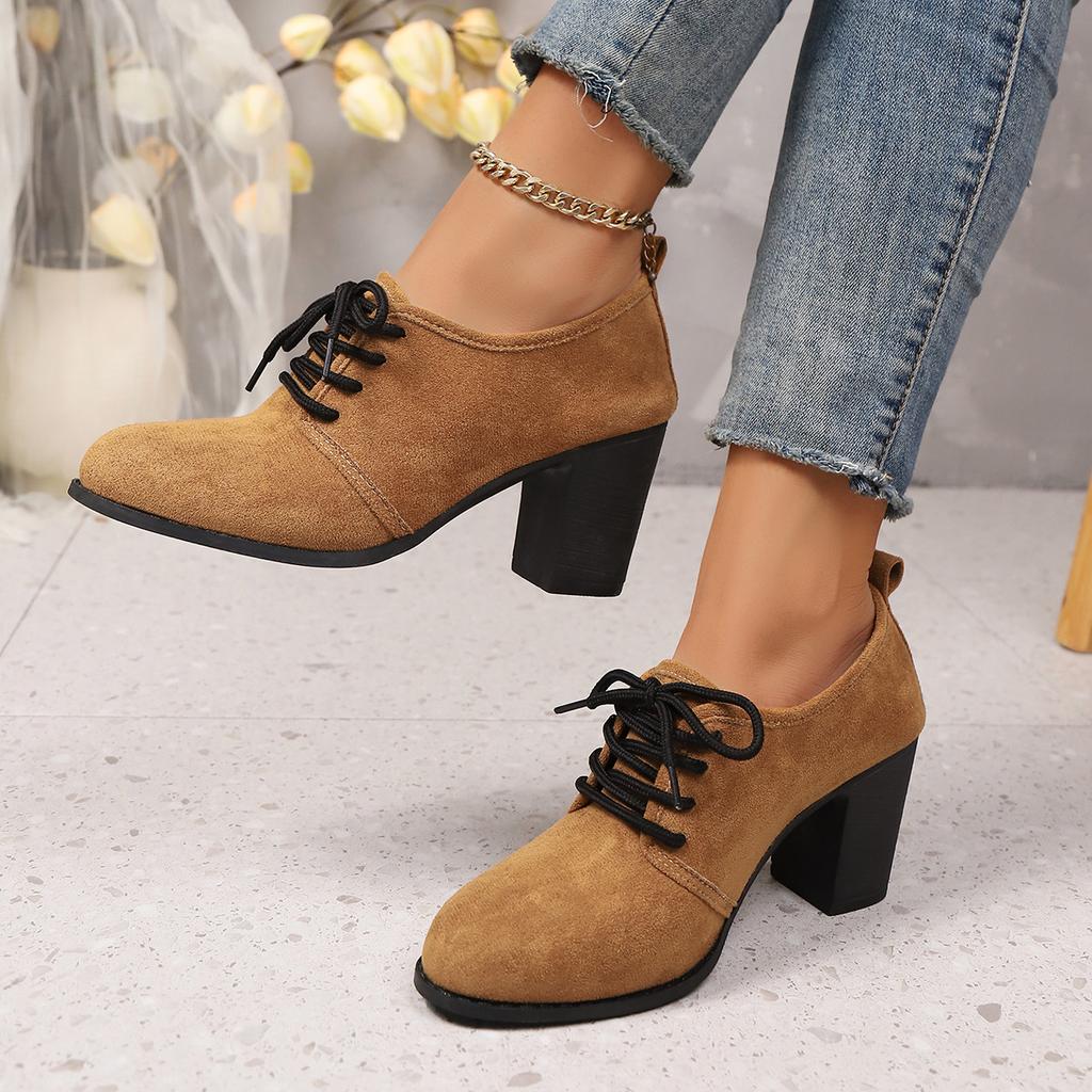 Elegant small leather shoes 22 trendy suede thick high heels autumn beautiful front lace-up Mary Jane shoes