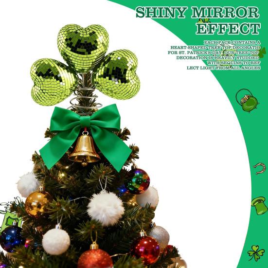 Disco Ball Tree Topper 3-Leaf Clover Decoration with Heart Design And Mirror Tiles Retro Glitter Spring Decor for Tabletop