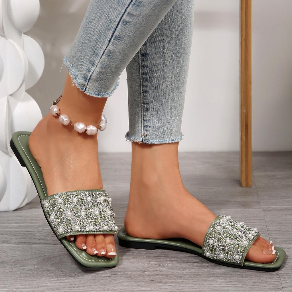 [Foreign Trade] Flat-bottomed temperament sequined cool slippers women's shoes wear summer soft-soled high-end silver sandals