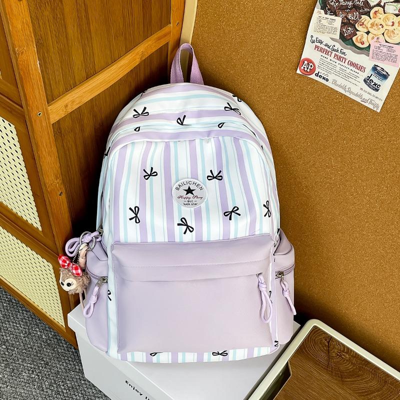 New high-value, fresh and sweet bow striped backpack, color contrast and lightweight backpack for junior high school students