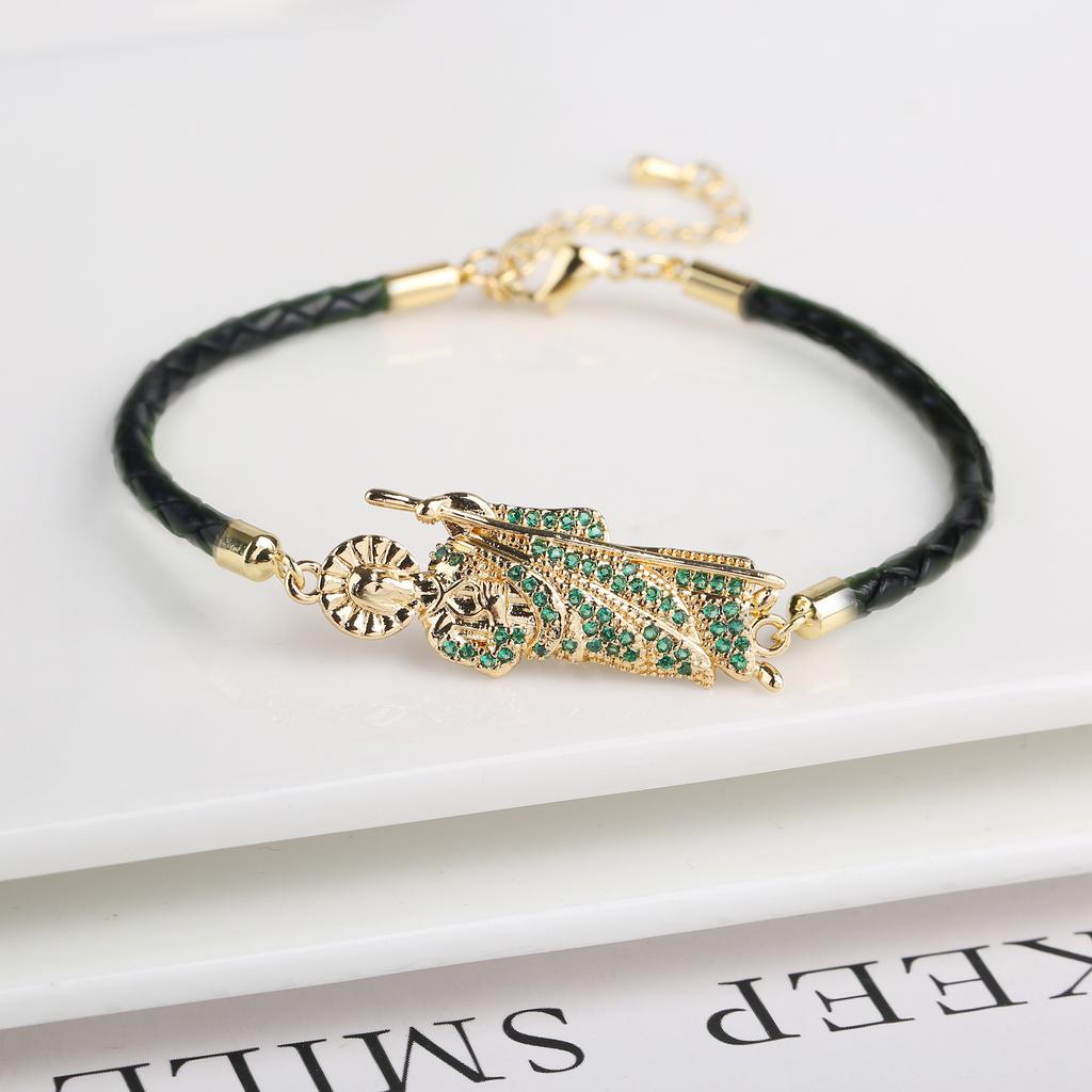 Green Pink Religious St. Jude Leather Rope Braided Jewelry Bracelet Fashion for Man Woman Daily Party Zirconia Jewelry