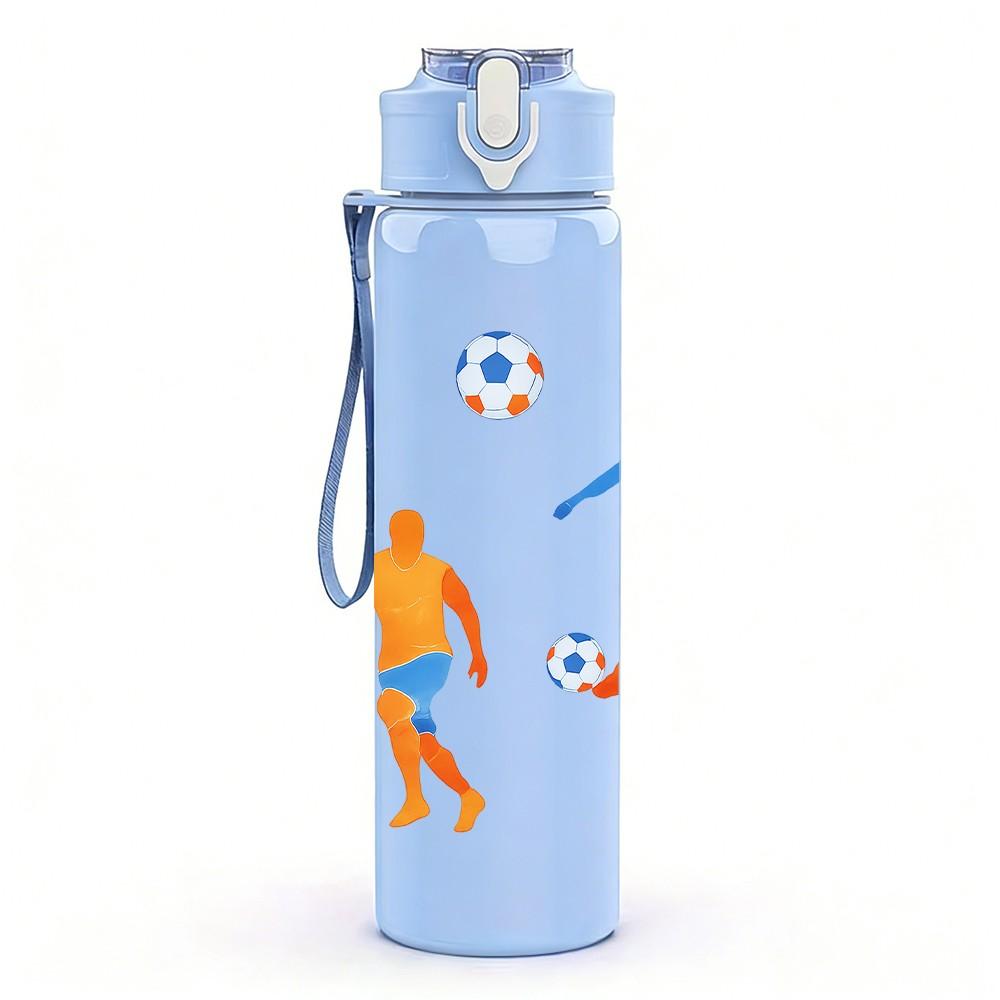 1 Stück Fußballspieler-Gruppen-Silhouette 750ml Farbe Kunststoff Sport-Wasserflasche Auslaufsicher Klappdeckel mit Strohhalm Geeignet für Sport, Büro, Heimgebrauch