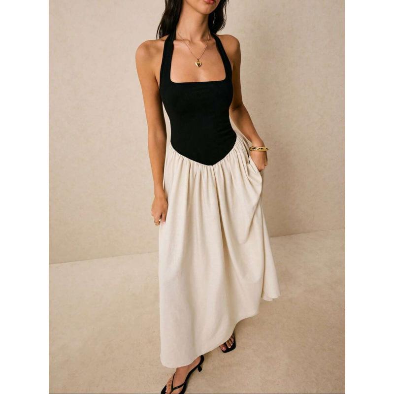 European French temperament casual simple contrasting color neck backless elegant sleeveless long dress XS
