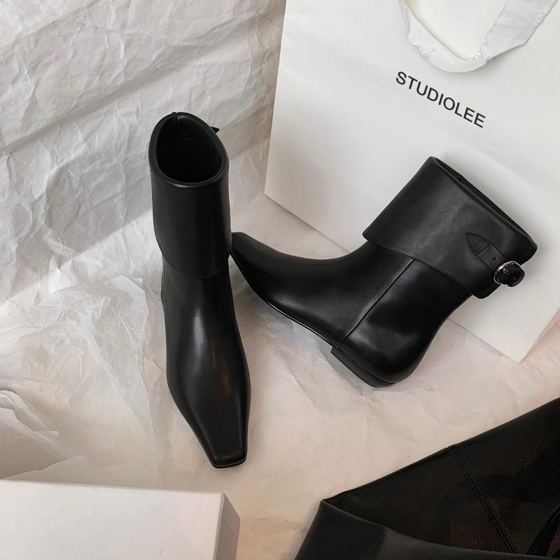 

~ Иллюстрированные Fendra~ Стильные ботильоны на низком каблуке с квадратным носком, с ремешком и пряжкой, со складками для женщин 40 чёрный