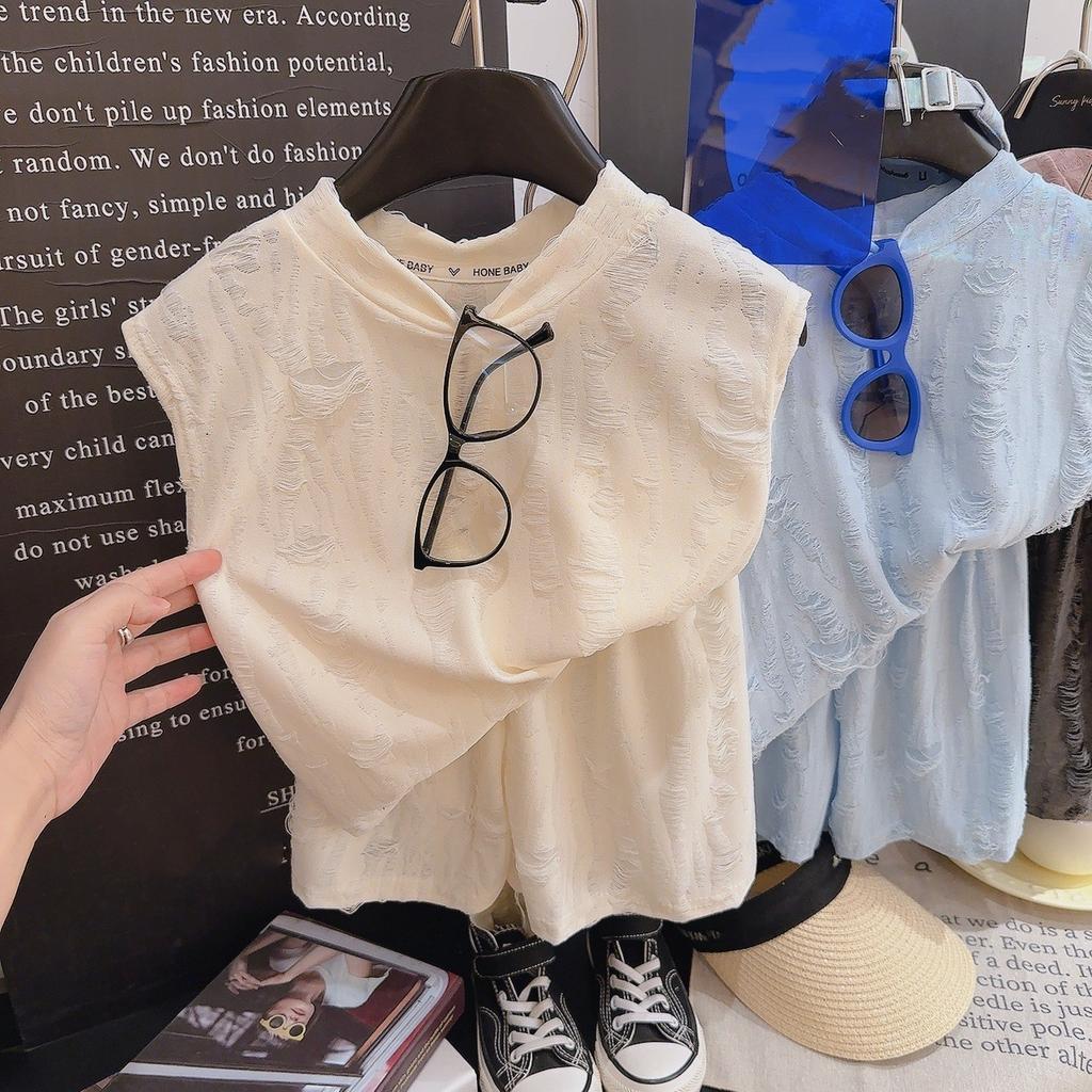 Boys' Summer Vintage Lightweight Loose Set Sleeveless Distressed Top + Shorts Breathable Outerwear Two-Piece Set