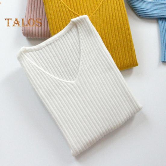 Moteriški viršūnės V formos iškirpte ilgomis rankovėmis Slim Fit megztinis megztinis Vienspalvis megztinis su rumbuota apačia Elastingas trikotažas