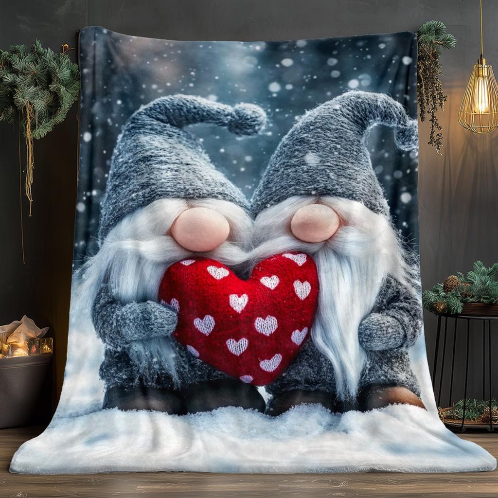 1pc Love Gnomes Holding Heart Valentine's Day Couple Fleece Blanket Romantic Winter Theme Soft Cozy Throw for BedroomLiving Room