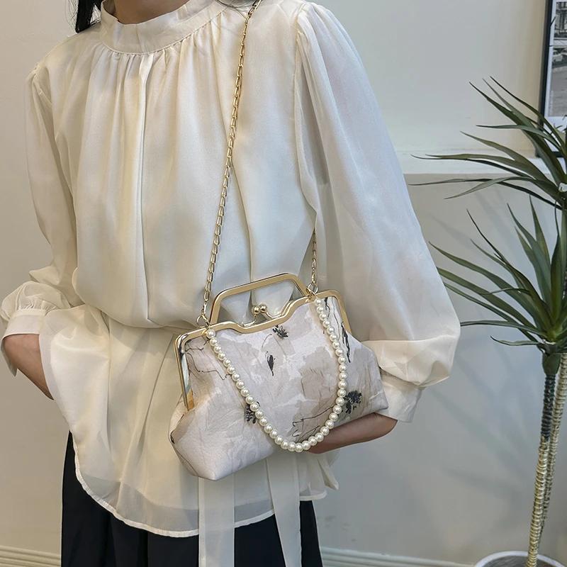Perlenstickerei Druck Damen Schultertaschen Schlichtheit Trend Drehverschluss Umhängetaschen für Frauen Ketten