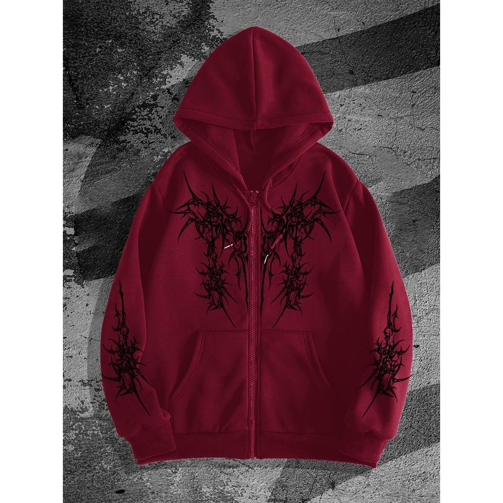 Herren Gothic Dunkler Stil Bedruckter Reißverschluss-Kapuzenpullover, ein Modischer Streetwear-Trend Reißverschluss-Kapuzenpullover Geeignet für Lässige Anlässe