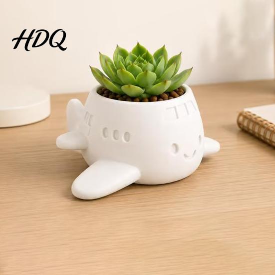 Creative Office Plant Holder 3D Printed Cartoon Airplane Succulents Pot Cute Desktop Flower Pot Indoor Window Sill Container for Small Plants,