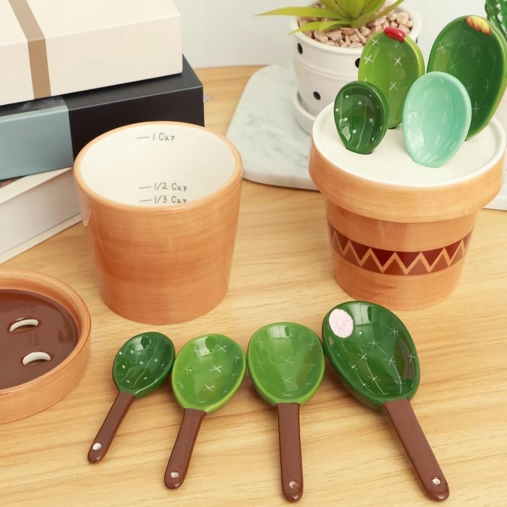 Ceramic Measuring Spoons Set with Base Baking Spoons Flower Pot Cactus Ornament Powder Scoop