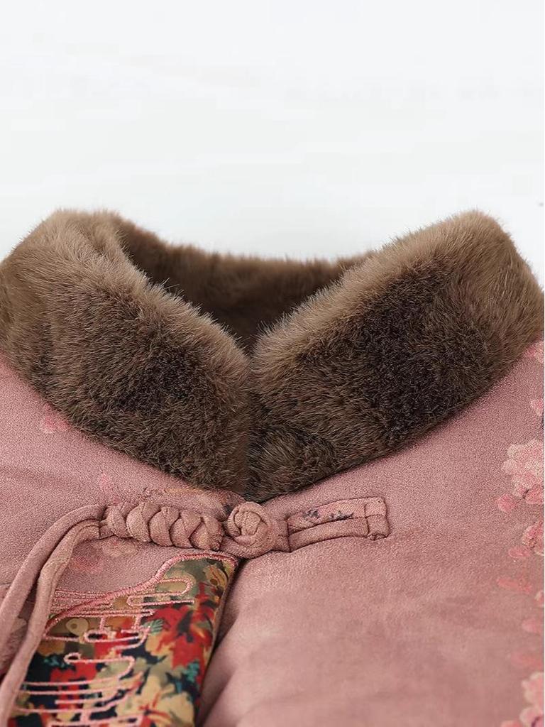 Plus Size Winter Stand Collar Chinese Style Velvet-Lined Cotton Jacket for Grandma