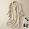 Floral Embroidery Long Shirts Women O Neck Casual Cotton Linen Shirt Loose Summer Blouses Sum Protection Tops