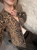 New Trendy Vintage Leopard Print V-Neck Knit Cardigan for Women, Soft and Fuzzy with Drawstring