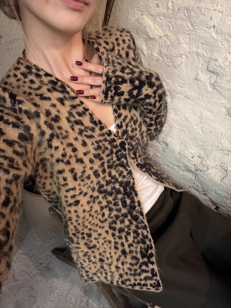 New Trendy Vintage Leopard Print V-Neck Knit Cardigan for Women, Soft and Fuzzy with Drawstring