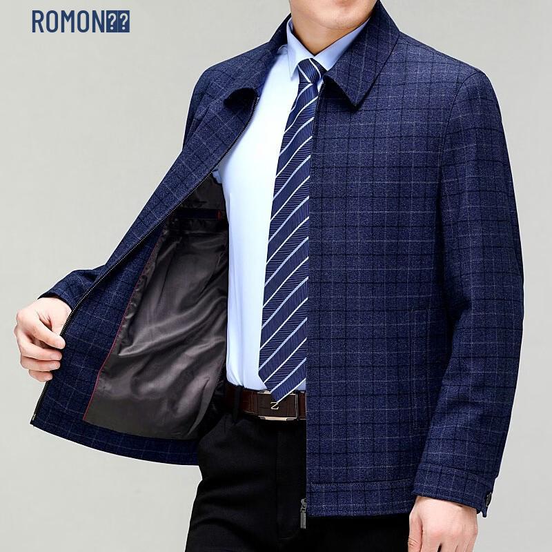 ROMON Men's Business Casual Wool Blend Plaid Jacket