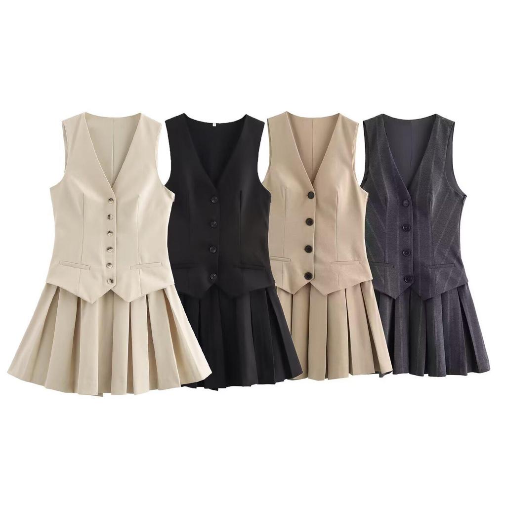 2024 Autumn Women's European & American Style Pleated Striped Vest Dress