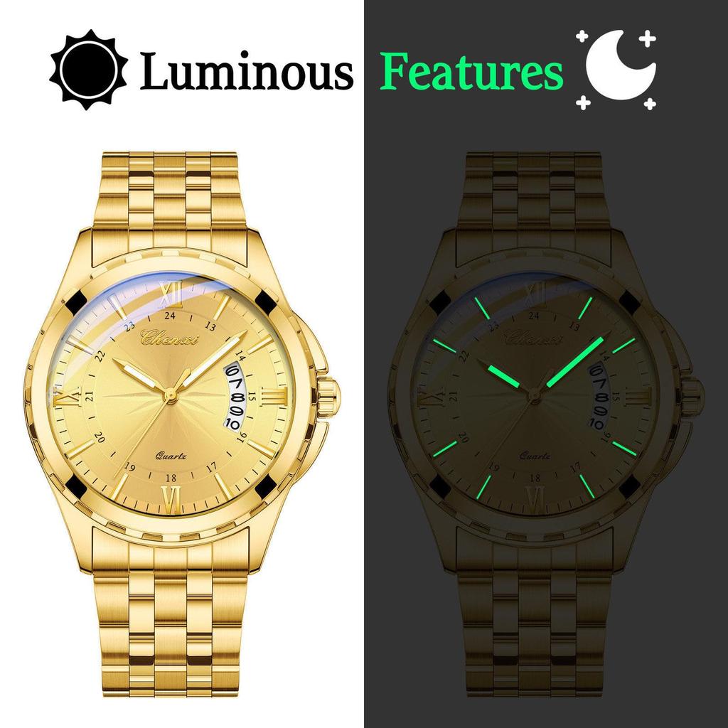 Watch Men Stainless Steel Calendar Gold 3ATM Water Resistant Luminous Analog Display Simple Fashion Quartz Watch Men Fashion Accessory - Birthday