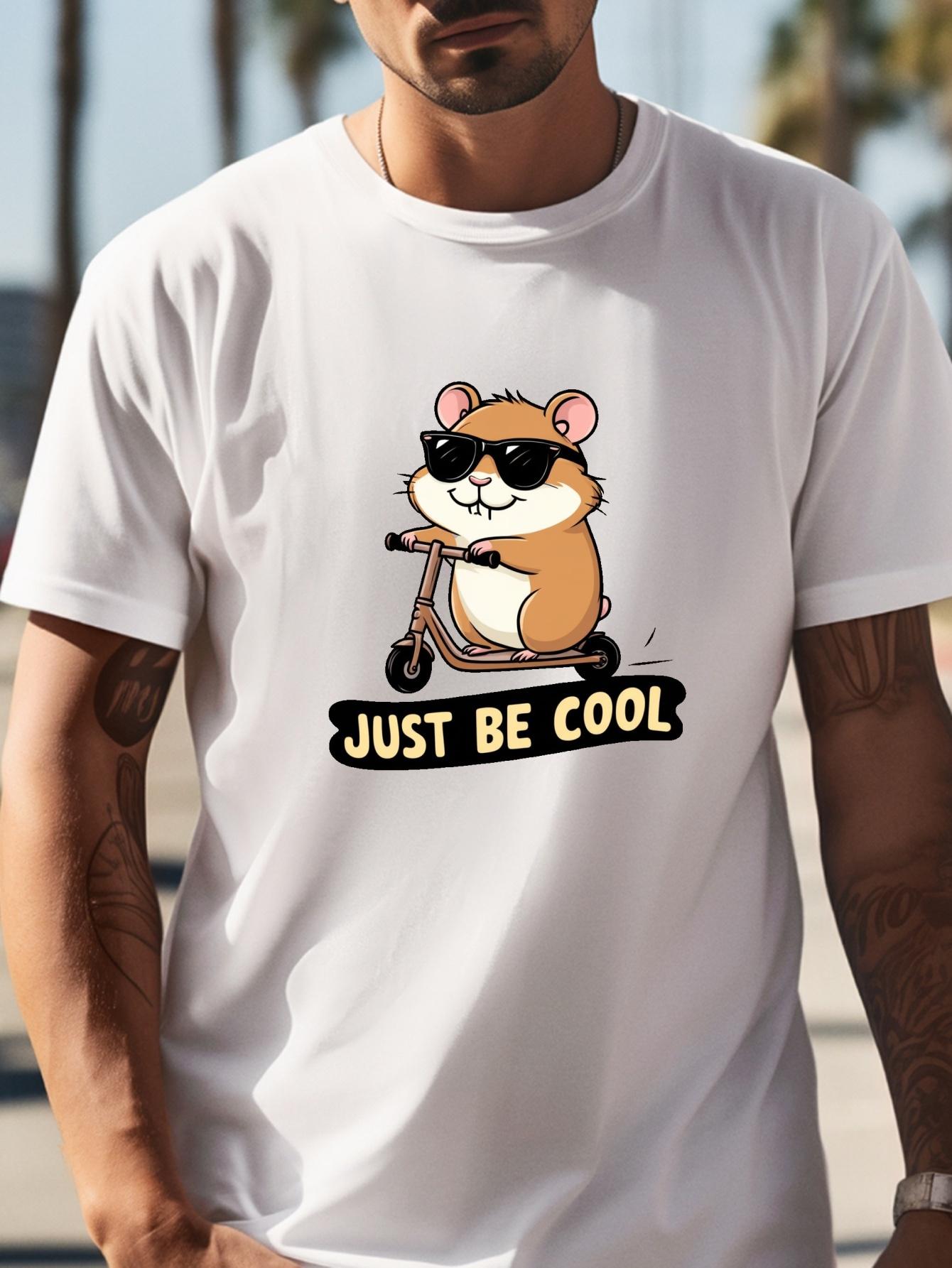 

Navy Blue Graphic T-shirt - Cool Hamster & JUST BE COOL Print - Breathable Cotton Blend Summer Tee - Stretch Knit Fabric Regular Fit Shirt for Gym L