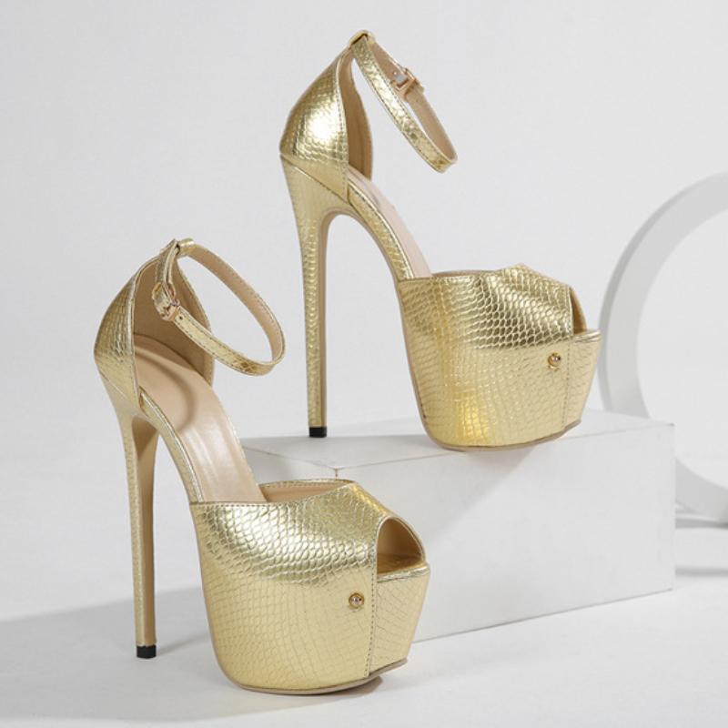 

Gold Super High Open Toe Heeled Women Sandal Sexy Party Metal Buckle Ankle Strap Banquet Party Women Pumps Stylish Stripper Shoe 42 золотой