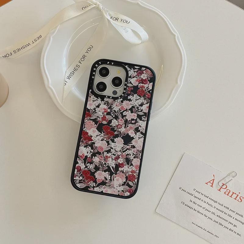 Matte Black Magnetic Metal Floral Graffiti Case for Apple iPhone 14, 15 Pro, 16 Pro Max