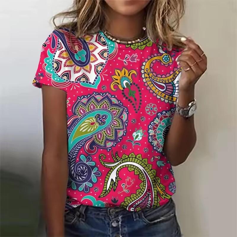 Summer Round Neck Retro Bohemian 3D Print Top Fashionable Casual Short Sleeved Women's T-shirts