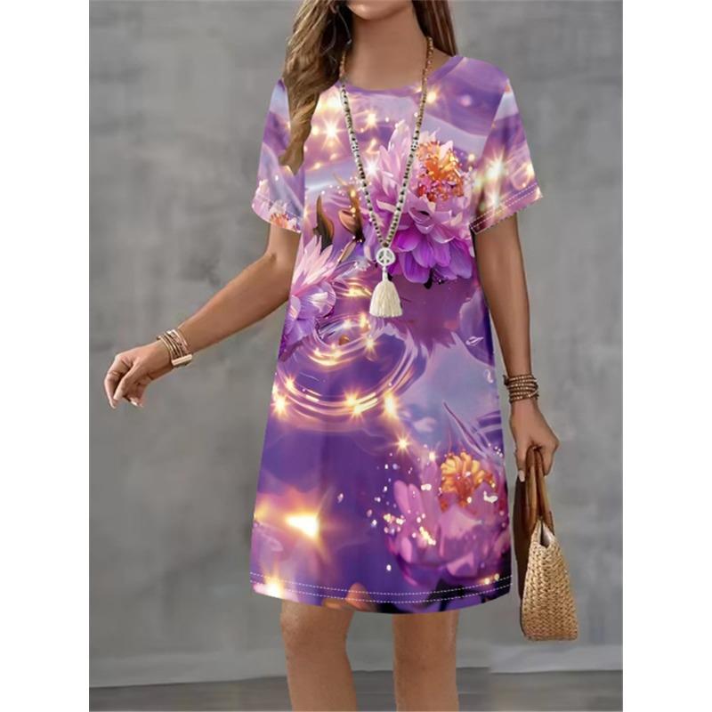 Women's Summer Flower Printed Short Sleeve Round Neck Dress 2025 Fashion New Style Design Sense Elegant Women's Mini Dress