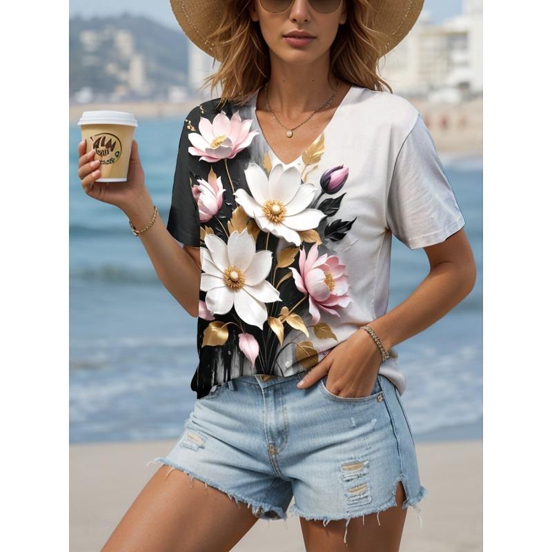 Women's Trendy T-Shirt Plants Graphics Fashion Short Sleeved V-Neck Regular Tops Daily Print Tee 2025  Summer Y2K Casual Tops