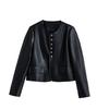 Retro leather jacket short coat women's autumn new round neck loose and thin versatile motorcycle leather jacket