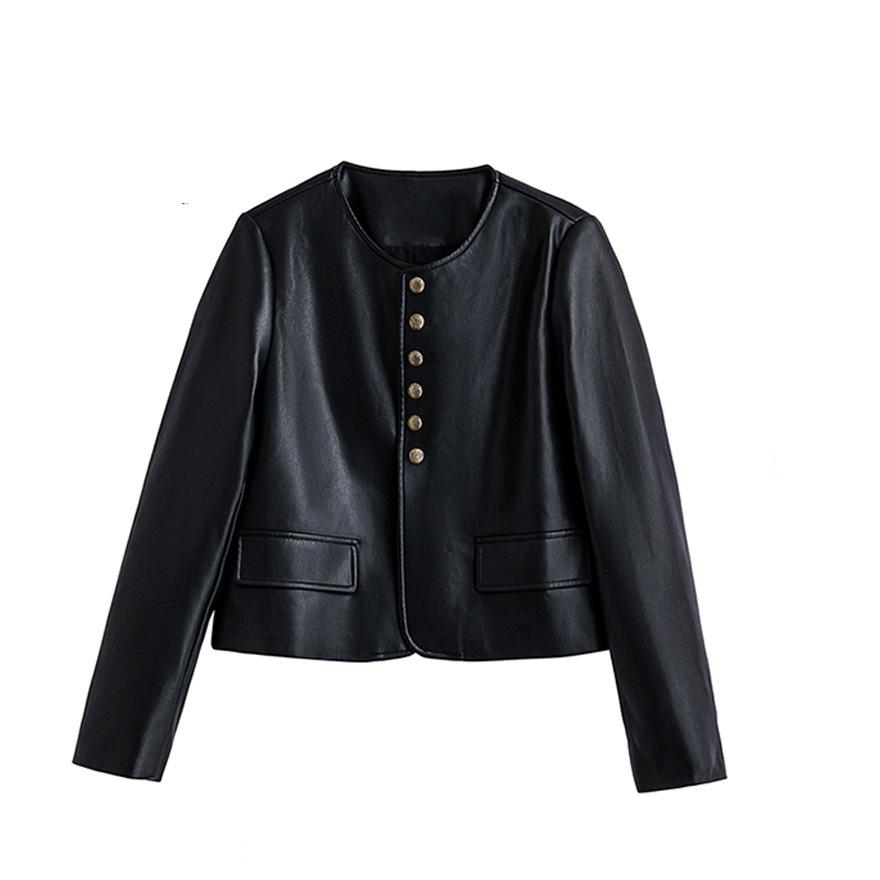 Retro Leather Jacket Short Coat Women's Autumn New Round Neck Loose and Thin Versatile Motorcycle Leather Jacket