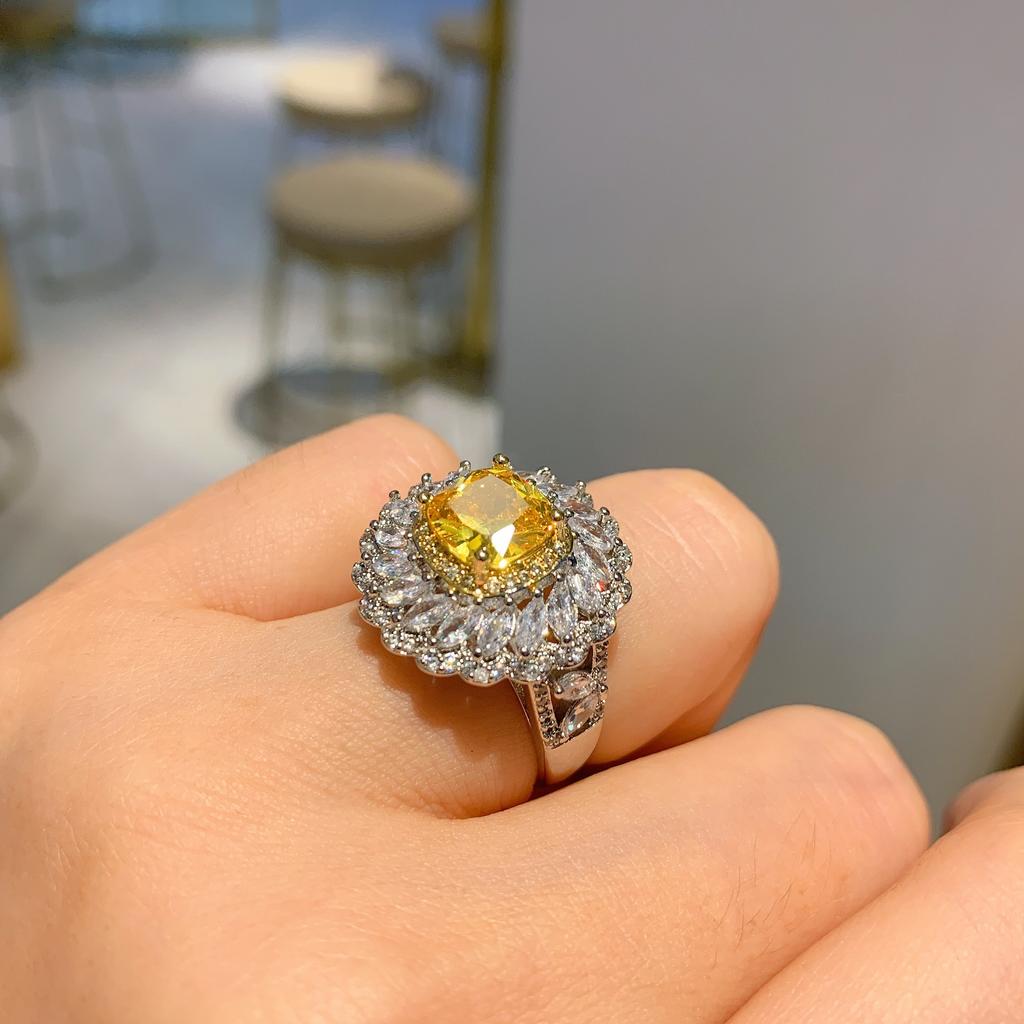 Jewelry Style Retro Imitation Yellow Diamond Square Luxury Inlaid Pendant Earrings Ring Jewelry Set